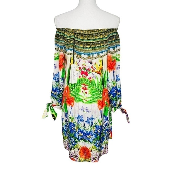 Shahida Parides Silk Off Shoulder Desert Bloom Green Mini Dress Size S/M NEW - Picture 4 of 15